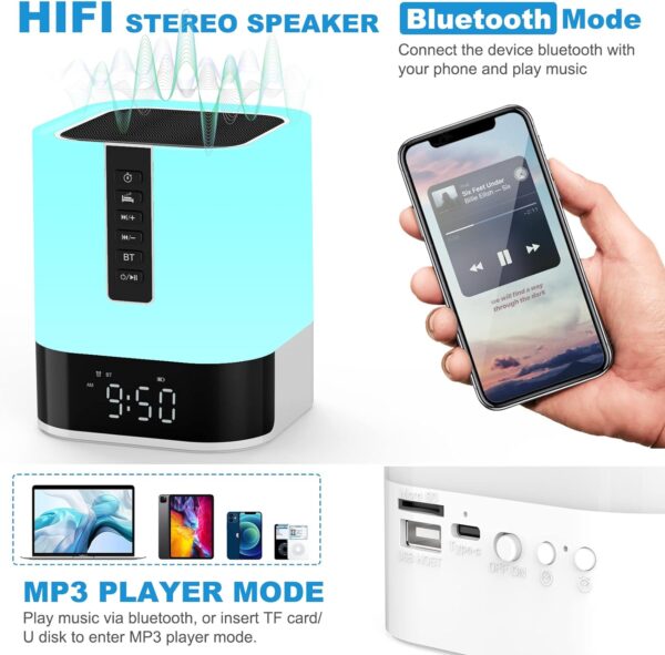 Lámpara de noche con reloj despertador, altavoz Bluetooth, luz nocturna, lámpara táctil para niños con máquina de sonido, luz LED regulable que cambia de color para dormitorio, regalos para - Image 2