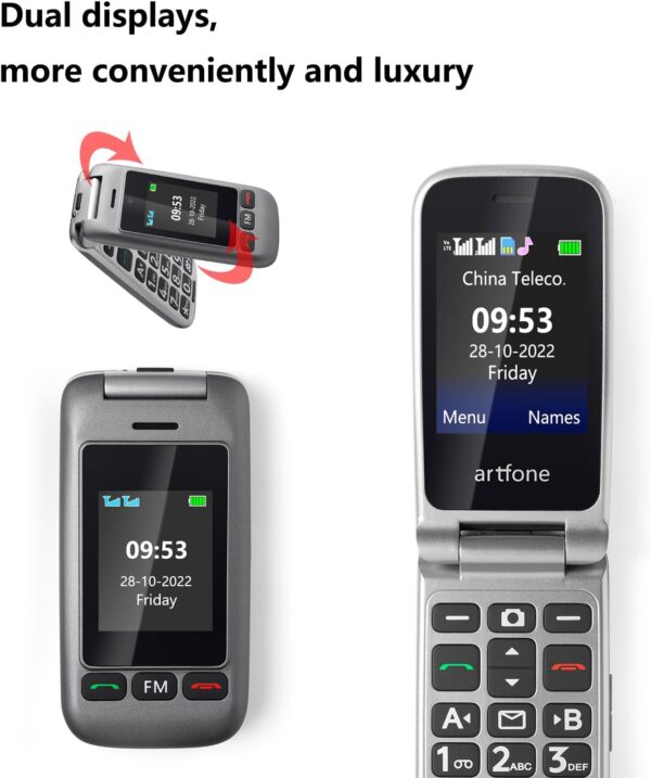artfone 4G Volte Teléfono Móvil para Personas Mayores Teclas Grandes con Tapa, Doble Pantalla de 2,4 Pulgadas Tecla de Emergencia Botón SOS Cámara Fácil de Usar para Ancianos Flip Base Cargadora G6 - Image 7