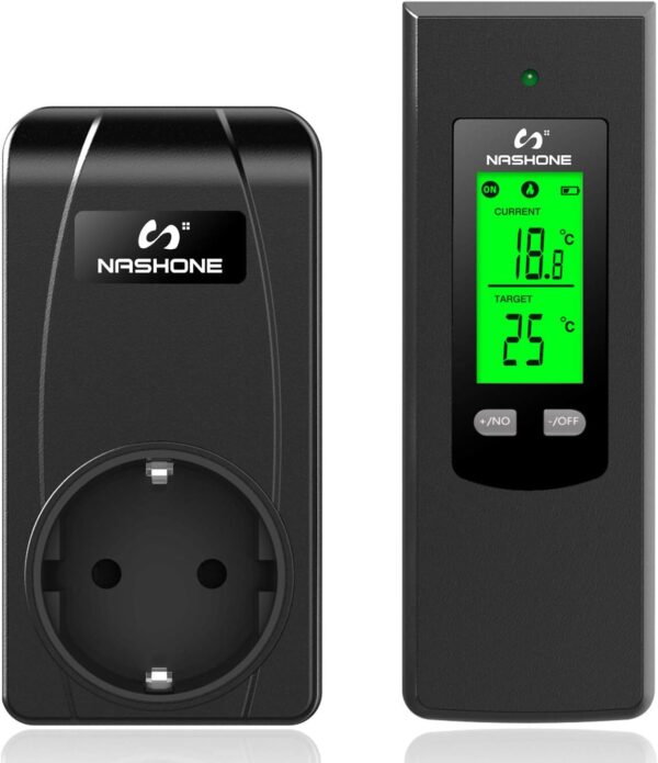NASHONE Enchufe termostático inalámbrico con regulador de temperatura digital con modo de calefacción y refrigeración. Mando a distancia con sensor de temperatura y función de memoria, pantalla LCD