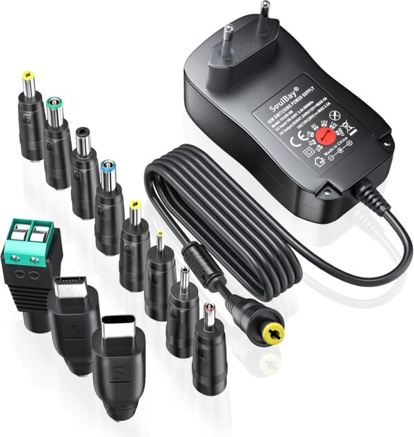 SoulBay 48W Fuente de alimentación Universal de 5V, 6V, 7,5V, 9V, 12V, 15V, 19V, Cargador Adaptador de CA a CC con 11 Puntas de CC, Incluye Enchufe USB de 5V, 1A, 4000mA máx.