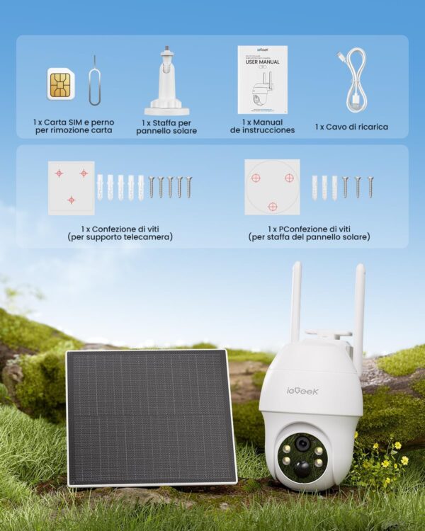 ieGeek 4G/3G LTE Cámara de Vigilancia Solar Inalámbrica, Soporte para Cambiar Tarjeta SIM, con Batería de 10000mAh, Visión Nocturna en Color 2K 3MP, PTZ 350°&90°, Detección Humana PIR - Image 9