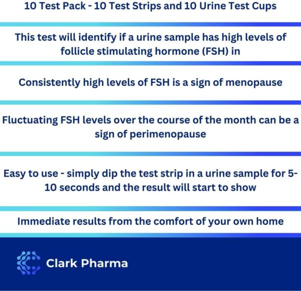 Paquete de 10 kits de prueba de menopausia | 10 tiras reactivas y 10 vasos de orina | Mujeres Detección de hormona estimulante del folículo | Autoexamen para la menopausia precoz y la perimenopausia | - Image 3