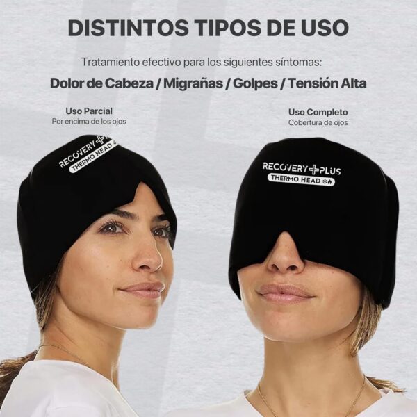 RECOVERY PLUS - Gorro Migraña con Gel Frío y Calor 360° para Alivio de Dolor de Cabeza, Sinusitis, Jaqueca, Bolsas y Ojeras | Antifaz Térmico Ajustable | Incluye Bolsa de Almacenamiento. - Image 5