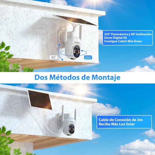 Xega 4G Camara Solar Exterior con Tarjeta Sim, LTE Cámara Vigilancia Inalámbrica con Batería 2K HD IP PTZ 355°/90°,Visión Nocturna,Detección De Movimiento,Alarma de Luz y Sonido, TF&Cloud,IP66 - Image 6