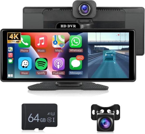 Hodozzy 4K Pantalla Portátil Radio Coche Carplay Android Auto Monitor ADAS Pantalla Táctil IPS 10,26 Pulgadas Bluetooth Dash Cámara Frontal y Trasera Video Grabación en Bucle, Mirror Link FM/AUX/SD
