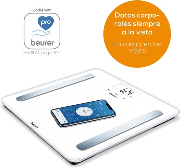 Beurer BF 600 - Báscula digital de diagnóstica con IMC y función Bluetooth de vidrio, con App en español, color blanco - Image 4