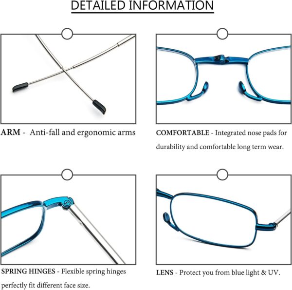 MMOWW Anti-blue Gafas de Lectura Plegables Para Hombres y Mujeres con Varillas Telescópicas con Estuche Portátil (Azul, 2.0) - Image 4
