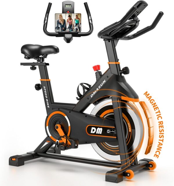 DMASUN Bicicleta estática de resistencia magnética, bicicleta de ciclismo para interiores, bicicleta de ciclismo con cómodo cojín de asiento, pantalla digital con pulso