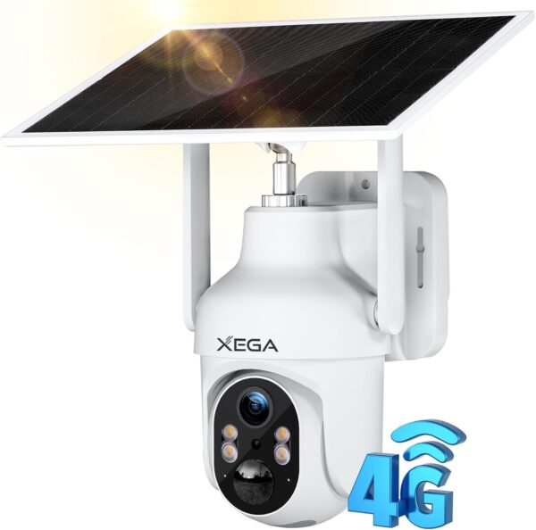 Xega 4G Camara Solar Exterior con Tarjeta Sim, LTE Cámara Vigilancia Inalámbrica con Batería 2K HD IP PTZ 355°/90°,Visión Nocturna,Detección De Movimiento,Alarma de Luz y Sonido, TF&Cloud,IP66