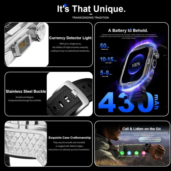 Reloj inteligente militar para hombre con linterna LED 3ATM, resistente al agua, pantalla grande de 1.97 pulgadas, reloj inteligente táctico resistente con llamada deportiva, rastreador de fitness con - Image 2