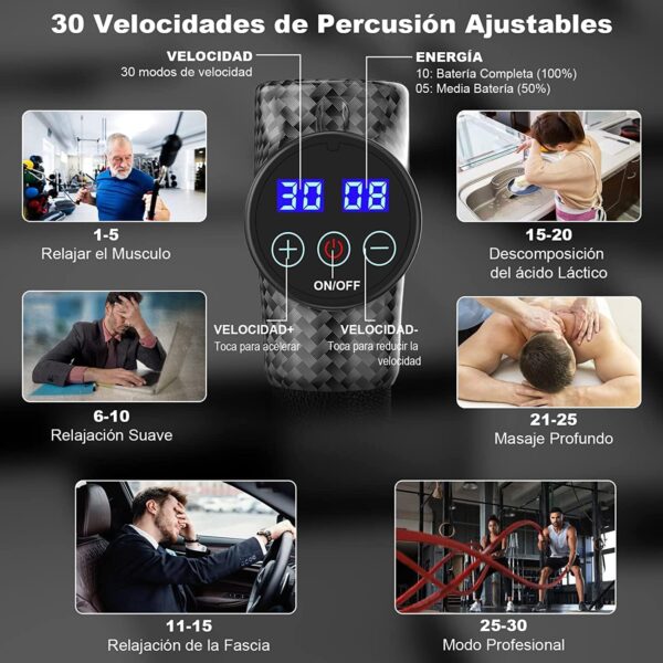 Pistola de Masaje Muscular, Eléctrica Masajeador de Músculos de Tejido Profundo Hasta 4800 RPM, 30 Velocidades, 8 Cabezales de Masaje, Pantalla LCD Táctil, Carga Tipo-C(Negro Carbón) - Image 2