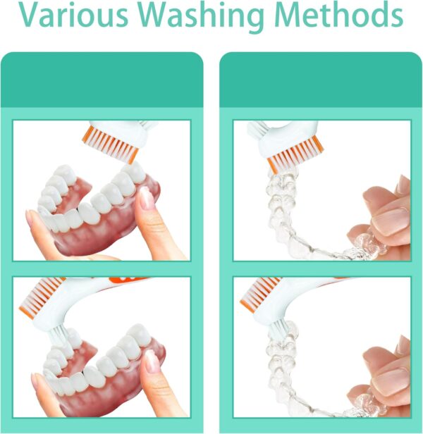FloraVigo - Juego de 2 cepillos de dientes para dentaduras postizas, mini cepillo de dientes, cabezal de cepillo de doble ángulo, cepillo de limpieza de prótesis ergonómico portátil (Verde+naranja) - Image 3
