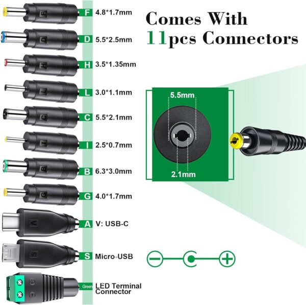 SoulBay 48W Fuente de alimentación Universal de 5V, 6V, 7,5V, 9V, 12V, 15V, 19V, Cargador Adaptador de CA a CC con 11 Puntas de CC, Incluye Enchufe USB de 5V, 1A, 4000mA máx. - Image 2