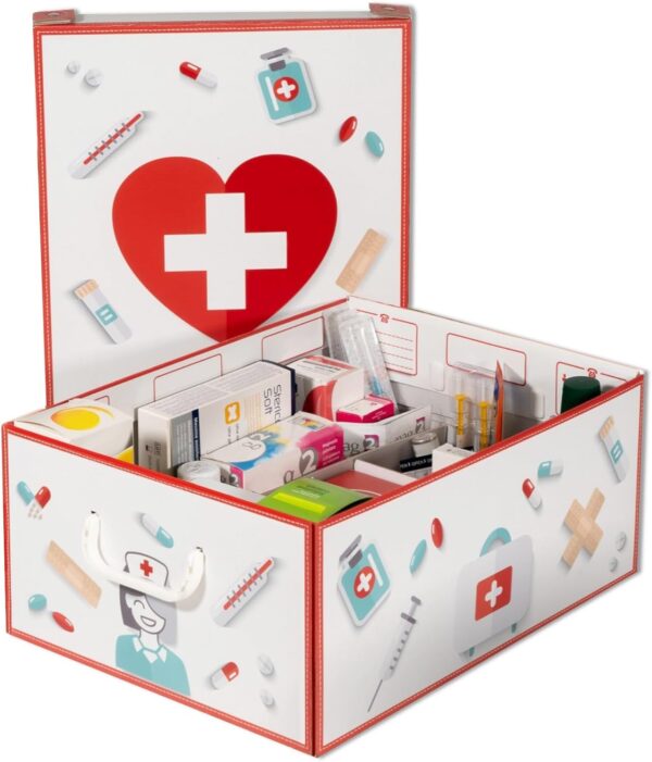 Lavatelli PHARMA ORGANIZER | Caja Medicamentos en CARTÓN, Organizador Fármacos, con divisor interno, 32x42x17,5 cm, Incluye botiquin de primeros auxilios y 4 Tarjetas Médicas. Baúl almacenaje con tapa