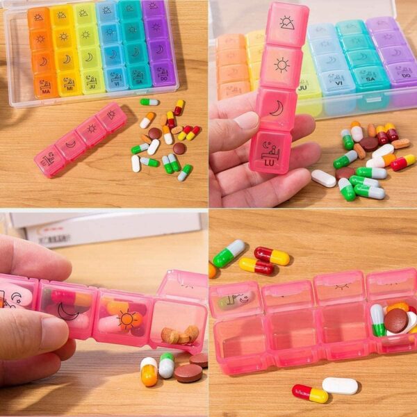 Pastillero Semanal de 4 Tomas Diarias en español, Cerrado Herméticamente Organizador Medicamentos 28 Compartimentos Certificado Alimentario Para La Memoria, Dosificador Pastillas, Viaje - Image 4