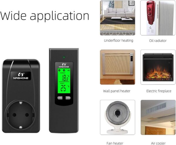 NASHONE Enchufe termostático inalámbrico con regulador de temperatura digital con modo de calefacción y refrigeración. Mando a distancia con sensor de temperatura y función de memoria, pantalla LCD - Image 7