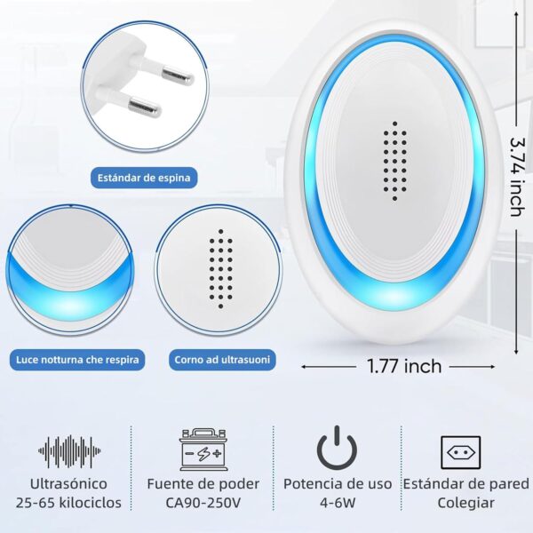 Repelente Ultrasónico de Plagas, 6 Pack Antimosquitos Electrónico Ultrasónico Mosquitos,2024 Repelente Mosquitos Interiores Antiparasitario para Roedores, Arañas, Cucarachas, Insectos - Image 7