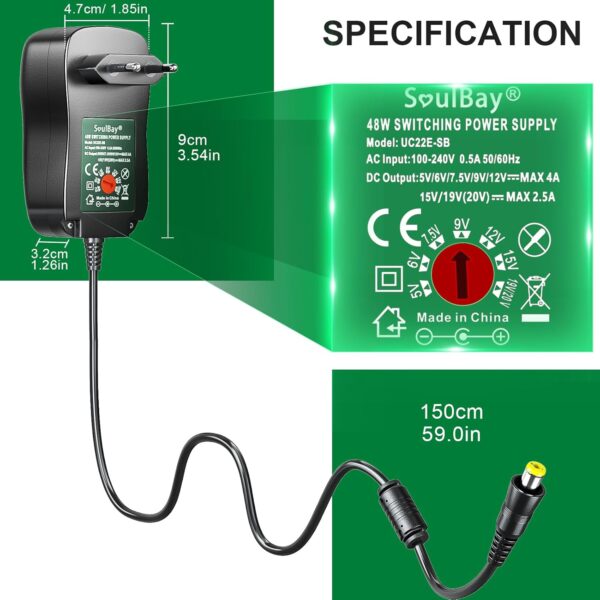 SoulBay 48W Fuente de alimentación Universal de 5V, 6V, 7,5V, 9V, 12V, 15V, 19V, Cargador Adaptador de CA a CC con 11 Puntas de CC, Incluye Enchufe USB de 5V, 1A, 4000mA máx. - Image 5