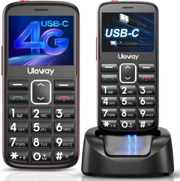 uleway 4G Telefono Movil para Mayores Libres, Teléfono Móvil Personas Mayores Teclas Grandes con Pantalla 2,4", Botón SOS,USB-C, Llamada Rápida, Movil Basico con Ranura Nano SIM, Base de Carga (Negro)