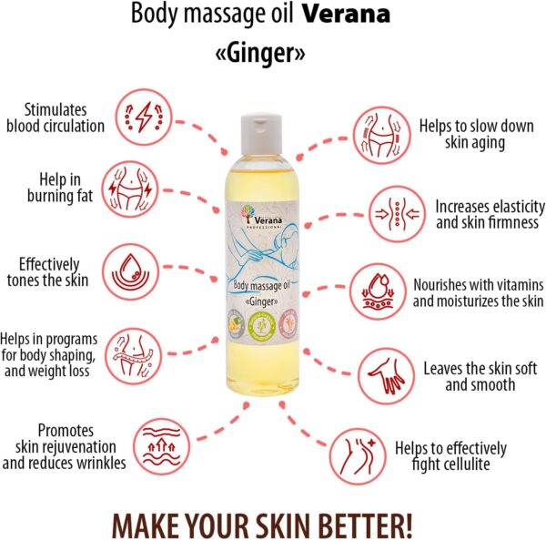 Verana Aceite de masaje corporal Jengibre, cosmética natural para todos los tipos de piel, efecto revitalizante y calmante, calma el sistema nervioso, aromaterapia (250ml) - Image 2