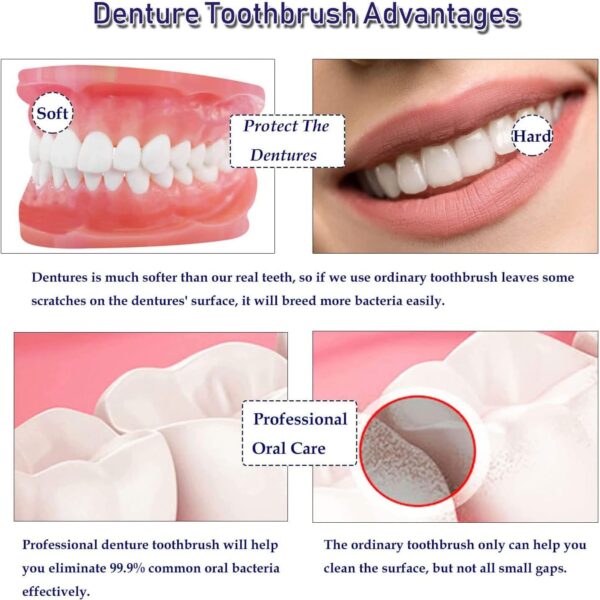 EvaGO 4 cepillos de limpieza de dentaduras postizas con cerdas multicapa y mango de goma ergonómico, cepillo portátil de doble cara para limpieza de dientes falsos (4C) - Image 3