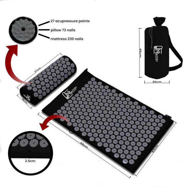 Esterilla de acupresión y cojín de acupresión para masaje y alivio del dolor, juego de acupresión para relajación, estimulación y meditación, alfombrilla de acupresión (negro) - Image 2