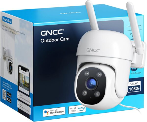 GNCC Camara Vigilancia WiFi Exterior, 360° PTZ, Camaras Vigilancia Domicilio WiFi, Visión Nocturna Color, Alarma de Luz, Detección Movimiento, Grabación 24/7, Audio Bidireccional, 2.4G, GK2