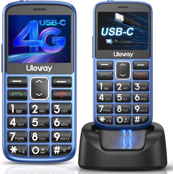 uleway 4G Telefono Movil para Mayores Libres, Teléfono Móvil Personas Mayores de Teclas Grandes con Pantalla de 2,4, Botón SOS, USB-C, Llamada Rápida, Base de Carga, Movil Basico con Ranura Nano SIM