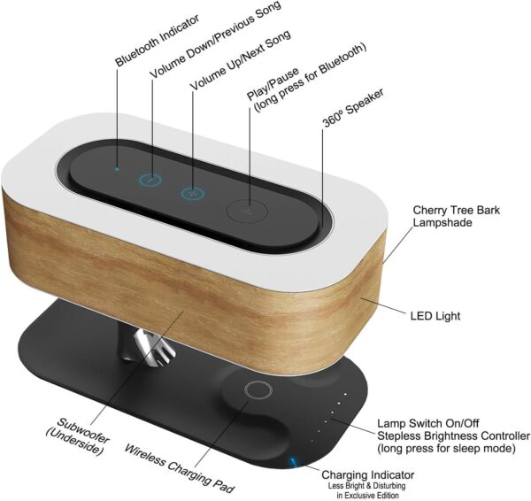 Masdio Lámpara de noche altavoz Bluetooth y cargador inalámbrico, modo de suspensión de oscurecimiento continuo. - Image 7