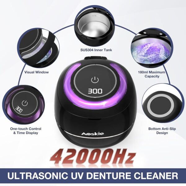 Aoskie Limpiador Ultrasonidos Dental 42kHz/30W para Dentaduras Postizas, Alineadores, Protectores Bucales, Joyas, Cabezales de Cepillos de Dientes, 180ML Ultrasonic Cleaner para Aparatos Dentales - Image 6