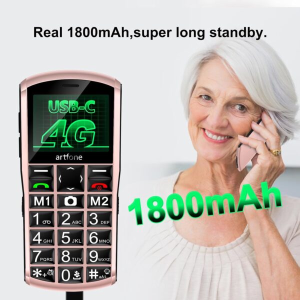 artfone A400 Teléfono Móvil para Personas Mayores con Botón SOS y Base Cargadora, Teclas Grandes Volumen Alto Bateria 1800mAh Pantalla Grande de 2,4 Pulgadas Fácil de Usar Celular para Ancianos - rosa - Image 5