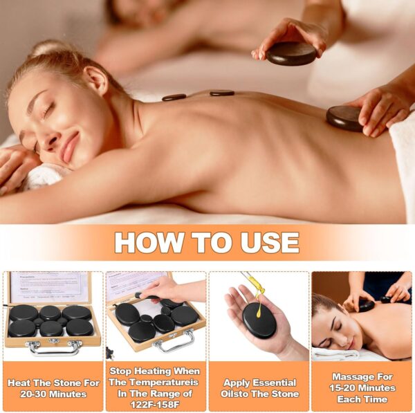 Ricyea Hot Stone - Juego de 10 piedras calientes para masaje, basalto con caja de bambú, calentador de piedra caliente para spa, relajación, terapia de masaje (10 unidades) - Image 6