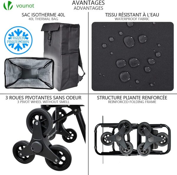 VOUNOT Carro de la Compra Plegables con 6 Ruedas y Bolsa Termica de 40 L, para Subir Escaleras, Negro - Image 2