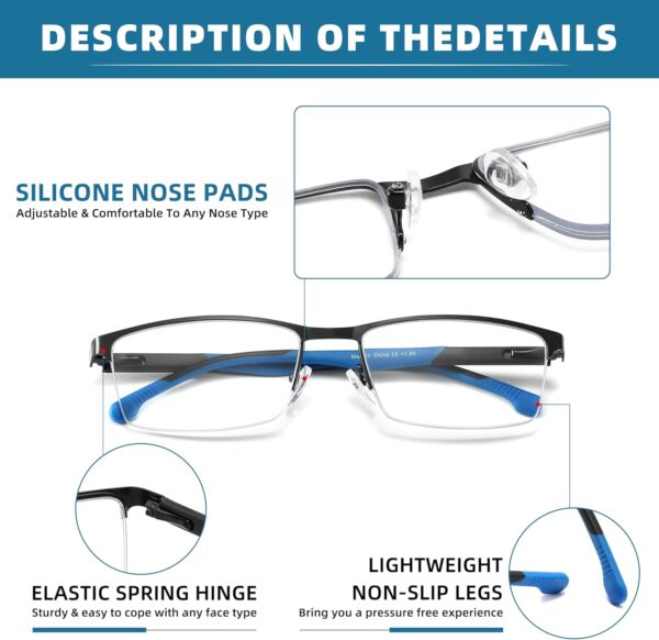 MODFANS Un Pack de 3 Gafas de Lectura Hombres Mujeres Anti Luz Azul,Rectangular Metal Acero Inoxidable - Lente Clara,Vision Clara - Ligeras Comodas,Colores Mezclados - Image 4