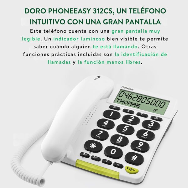 Doro PhoneEasy 312CS - Teléfono fijo digital (pantalla LCD, manos libres, identificador de llamadas), blanco - Image 4