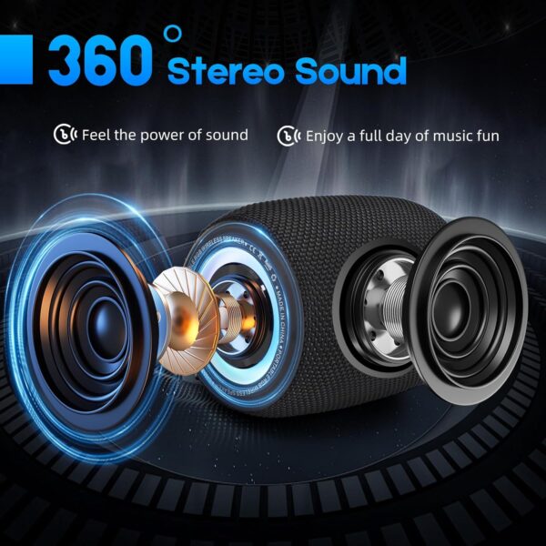SENXINGYAN Altavoz Bluetooth Portátil 20W, Impermeable IPX6 con Sonido Estéreo HD, 16 Horas de Reproducción, Luces LED, Micrófono Integrado, Radio FM, Compatible con TF/AUX (Negro) - Image 2