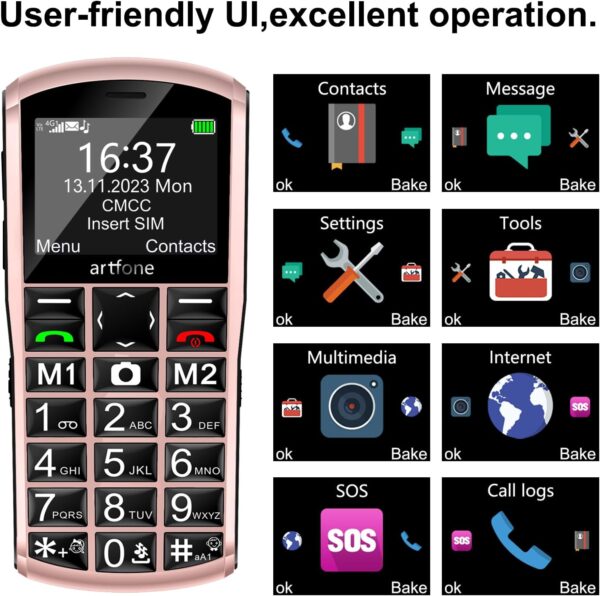 artfone A400 Teléfono Móvil para Personas Mayores con Botón SOS y Base Cargadora, Teclas Grandes Volumen Alto Bateria 1800mAh Pantalla Grande de 2,4 Pulgadas Fácil de Usar Celular para Ancianos - rosa - Image 6