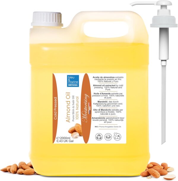 Aceite de Almendras, Prensado en frio, 100% Puro y Natural, Cultivo Ecologico, Aceite Corporal Hidratante, Anti Estrias, Embarazo, Pelo, Bebe, Antiestrias, Reafirmante, Masaje Senos, 2000 ml