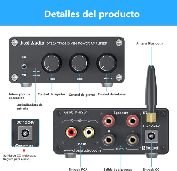Fosi Audio BT20A Amplificador Bluetooth, 100W x 2 Mini Stereo 2CH Amp Clase D, con chips TPA3116 y Controles de Agudos de Graves para Audio Doméstico Altavoces de Escritorio Pasivos al aire Libre - Image 2