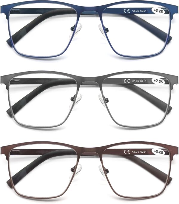 MODFANS Un Pack de 3 Gafas de Lectura Hombres Anti Luz Azul,Rectangular Metal Acero Inoxidable - Lente Clara,Vision Clara - Ligeras Comodas,Colores Gris Marron Azul - Image 3