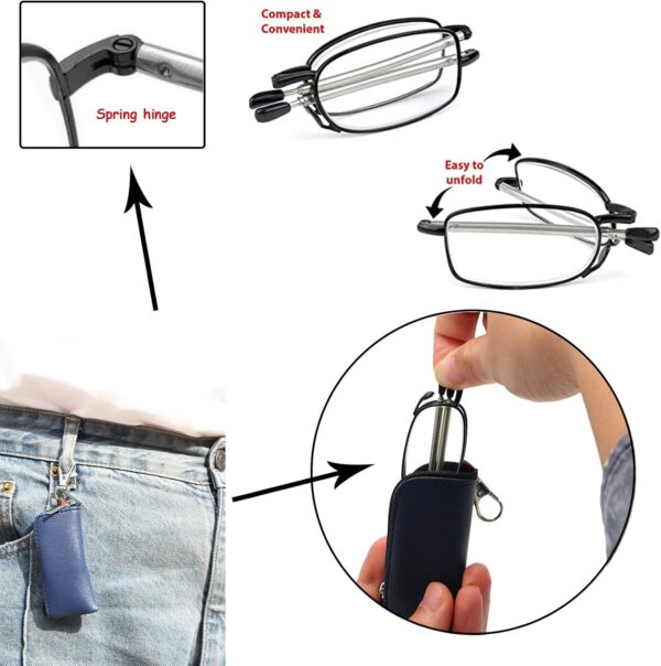 Hubeye Gafas de lectura plegables de metal portátiles ultraligeras Anteojos de lectura con bisagras de resorte y patillas telescópicas Gafas de viajes con llavero 2.00 - Image 4
