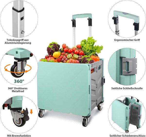 Carro de la compra plegable, carrito de transporte, hasta 50 kg, caja de 50 l, cesta de la compra con tapa, mango extensible de aluminio, 4 ruedas de goma giratorias 360°, 100x41x35 cm, verde y gris - Image 4