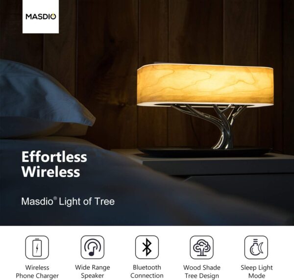 Masdio Lámpara de noche altavoz Bluetooth y cargador inalámbrico, modo de suspensión de oscurecimiento continuo. - Image 3