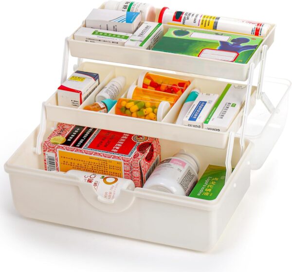 Lawei 3 capas de almacenamiento de medicamentos multiusos portátil con asa, caja médica para manualidades, organizador de suministros de costura, maletín de primeros auxilios, caja médica, blanco