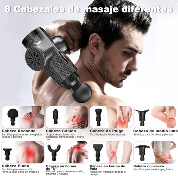 Pistola de Masaje Muscular, Eléctrica Masajeador de Músculos de Tejido Profundo Hasta 4800 RPM, 30 Velocidades, 8 Cabezales de Masaje, Pantalla LCD Táctil, Carga Tipo-C(Negro Carbón) - Image 5