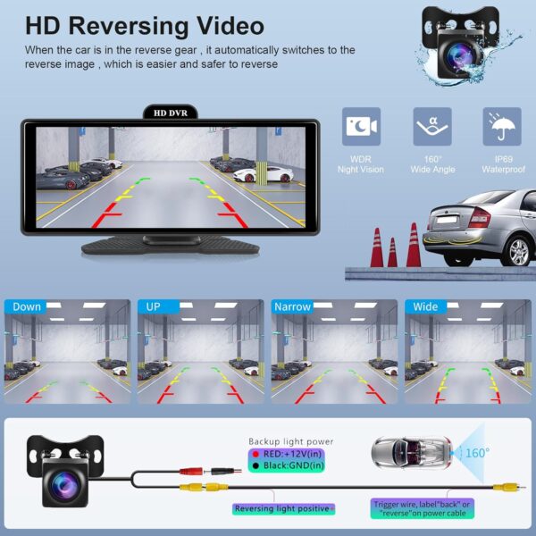 Hodozzy 4K Pantalla Portátil Radio Coche Carplay Android Auto Monitor ADAS Pantalla Táctil IPS 10,26 Pulgadas Bluetooth Dash Cámara Frontal y Trasera Video Grabación en Bucle, Mirror Link FM/AUX/SD - Image 8