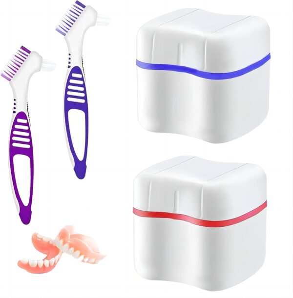 2 Cajas para Dentaduras Postizas Ortodoncia con 2 Cepillos de Dientes, Estuches de Baño para Dentaduras de Plástico, Recipiente de Dientes Postizos, Tazas de Limpieza Dentaduras con Cesta de Enjuague