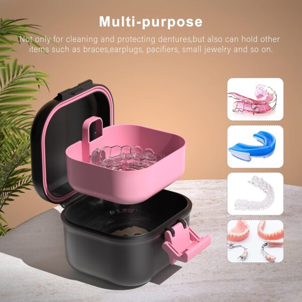 BVN Caja de prótesis a prueba de fugas, caja de dentaduras con colador, caja portátil para prótesis dentales, para todas las edades, dentaduras y aparatos ortopédicos (negro + rosa). - Image 2