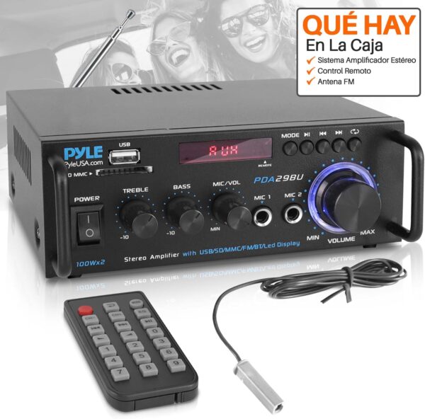 Pyle Amplificador de Sonido Estereo, Bluetooth, Inalambrico, 200W, Sonido de Doble Canal, para el hogar, para el Estudio, con RCA, USB, SD, Entrada de microfono, Radio FM - Image 7