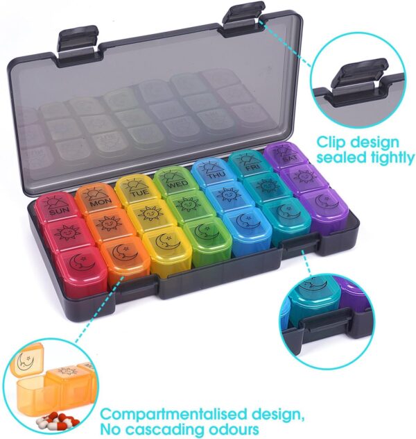 Plástico Dosificador de Comprimidos, 21 Cuadros Gran Capacidad Pastilleros Mensuales, Compartimentado Pastillero Semanal 3 Tomas, Colores Del Arco Iris Pastilleros Semanales con Etiqueta Grande - Image 4